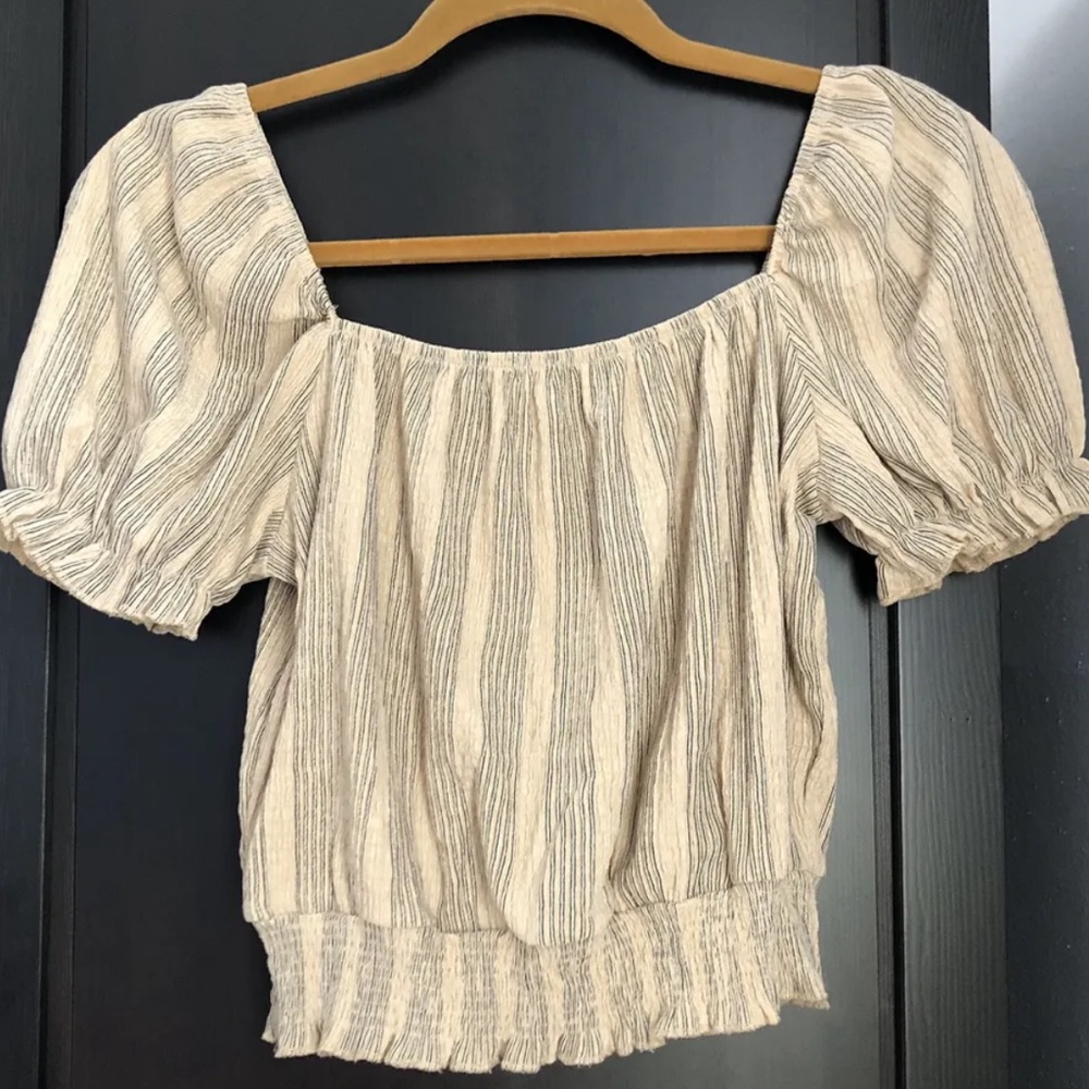 H&M Short Sleeve Ruche Blouse- Champagne, Black Stripes, Cropped- XS